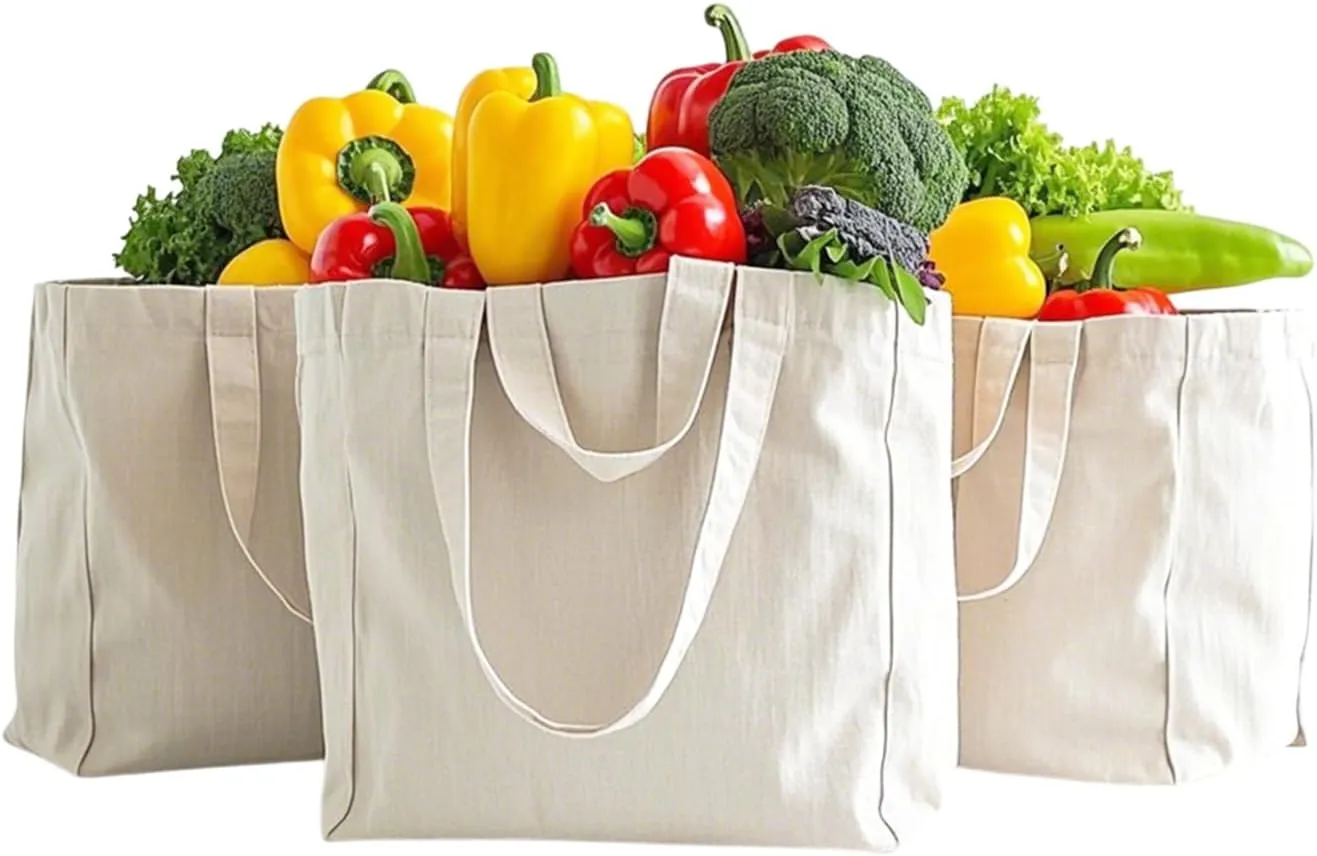 3 Pack Canvas Tote Bag Reusable Grocery Bags with Dual Handles (Long and Short) - Heavy Duty Canvas Grocery Bag Washable, Foldable, Travel, Storage
