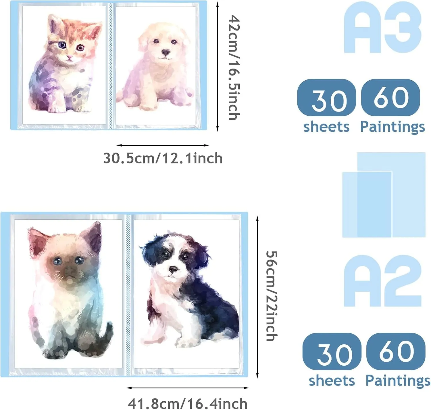 60 Pages A2 and A3 Diamond Painting Storage Book Diamond Art Portfolio Folder Artwork Art Binder Diamond Art Storage Presentation Book with Sleeves Protector, 22 X 16.4 Inch, 16.5 X 12.1 Inch(Blue)