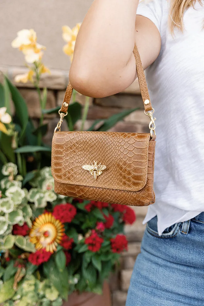 Camille Embossed Leather Crossbody/Clutch, Camel