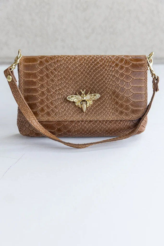 Camille Embossed Leather Crossbody/Clutch, Camel