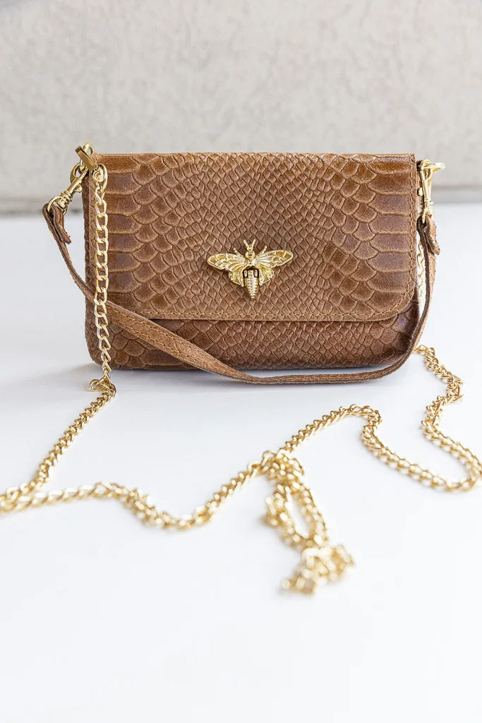 Camille Embossed Leather Crossbody/Clutch, Camel