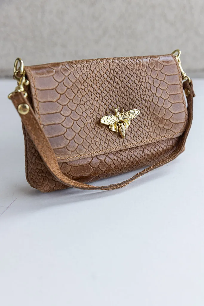 Camille Embossed Leather Crossbody/Clutch, Camel