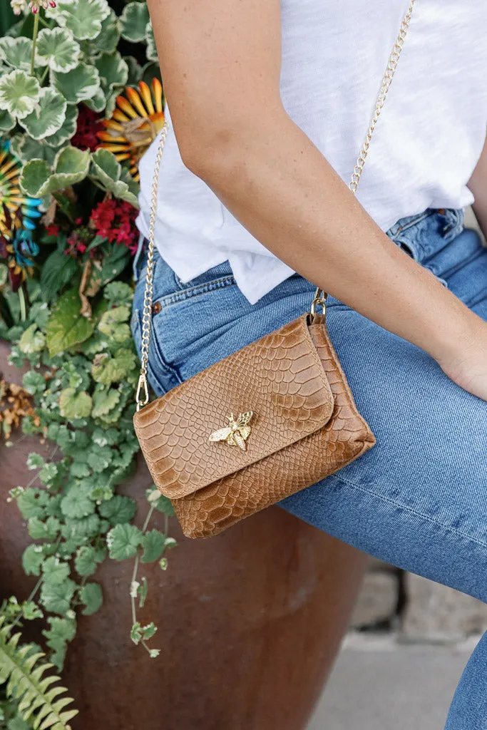 Camille Embossed Leather Crossbody/Clutch, Camel