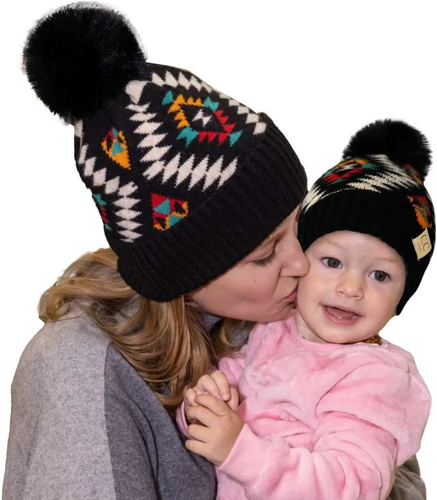 C.C Mom and Baby Fur Pom Winter Fall Trendy Chunky Stretchy Cable Knit Beanie Hat Set