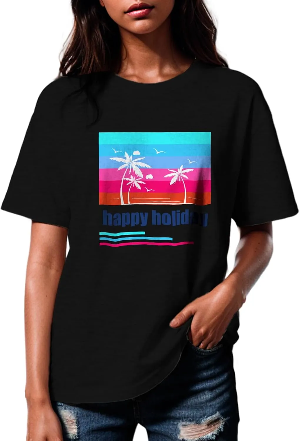 Hawaiian Shirts for Women Palm Trees Graphic Tee Womens T Shirts Loose Fit Summer Vacation Short Sleeve Tops