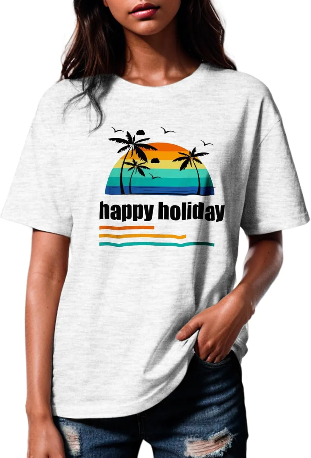 Hawaiian Shirts for Women Palm Trees Graphic Tee Womens T Shirts Loose Fit Summer Vacation Short Sleeve Tops