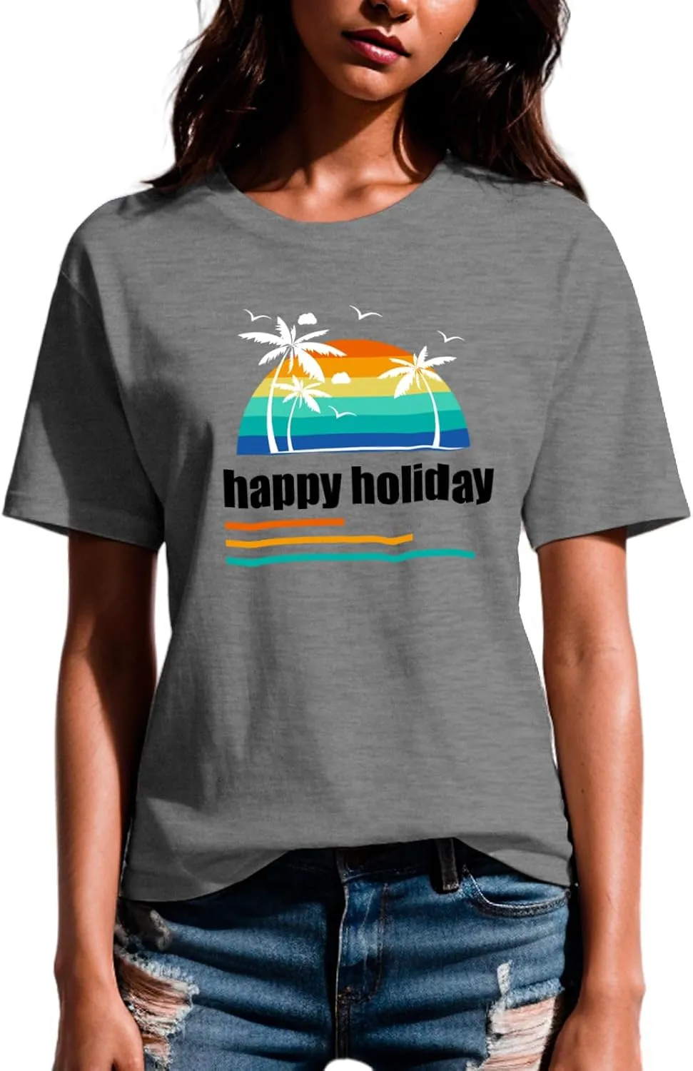 Hawaiian Shirts for Women Palm Trees Graphic Tee Womens T Shirts Loose Fit Summer Vacation Short Sleeve Tops