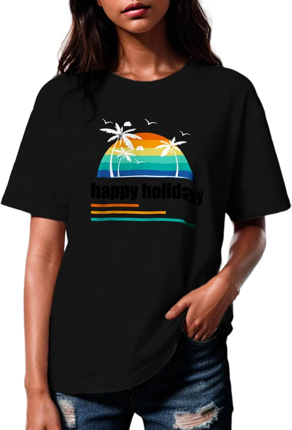 Hawaiian Shirts for Women Palm Trees Graphic Tee Womens T Shirts Loose Fit Summer Vacation Short Sleeve Tops
