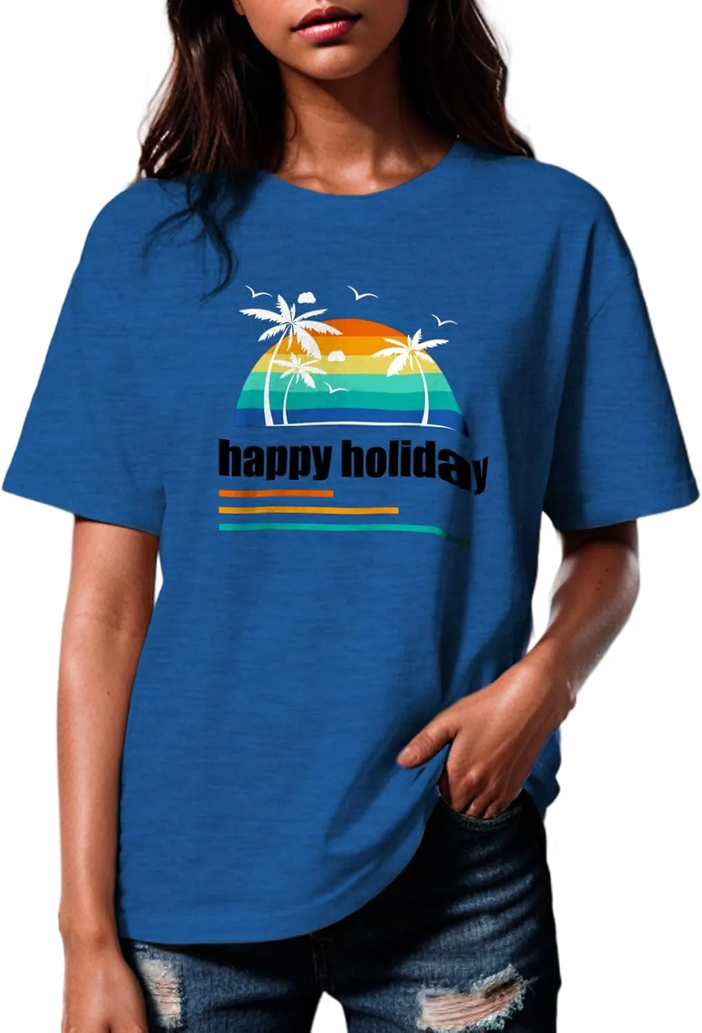 Hawaiian Shirts for Women Palm Trees Graphic Tee Womens T Shirts Loose Fit Summer Vacation Short Sleeve Tops
