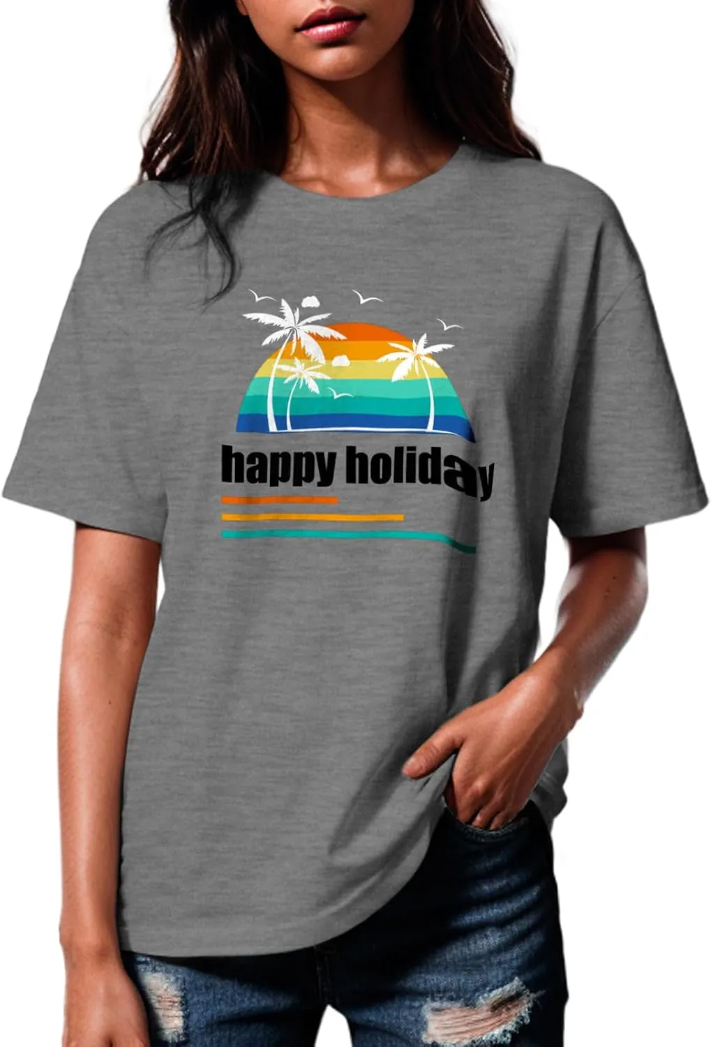 Hawaiian Shirts for Women Palm Trees Graphic Tee Womens T Shirts Loose Fit Summer Vacation Short Sleeve Tops