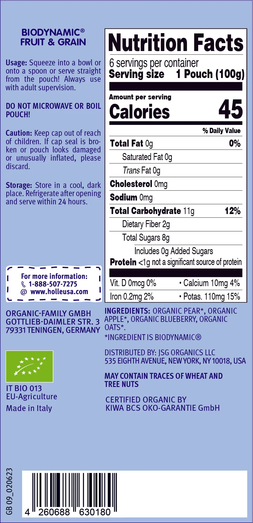 Holle Baby Food Pouches - Organic Fruit & Grain Puree - Blue Bird (USA Version)