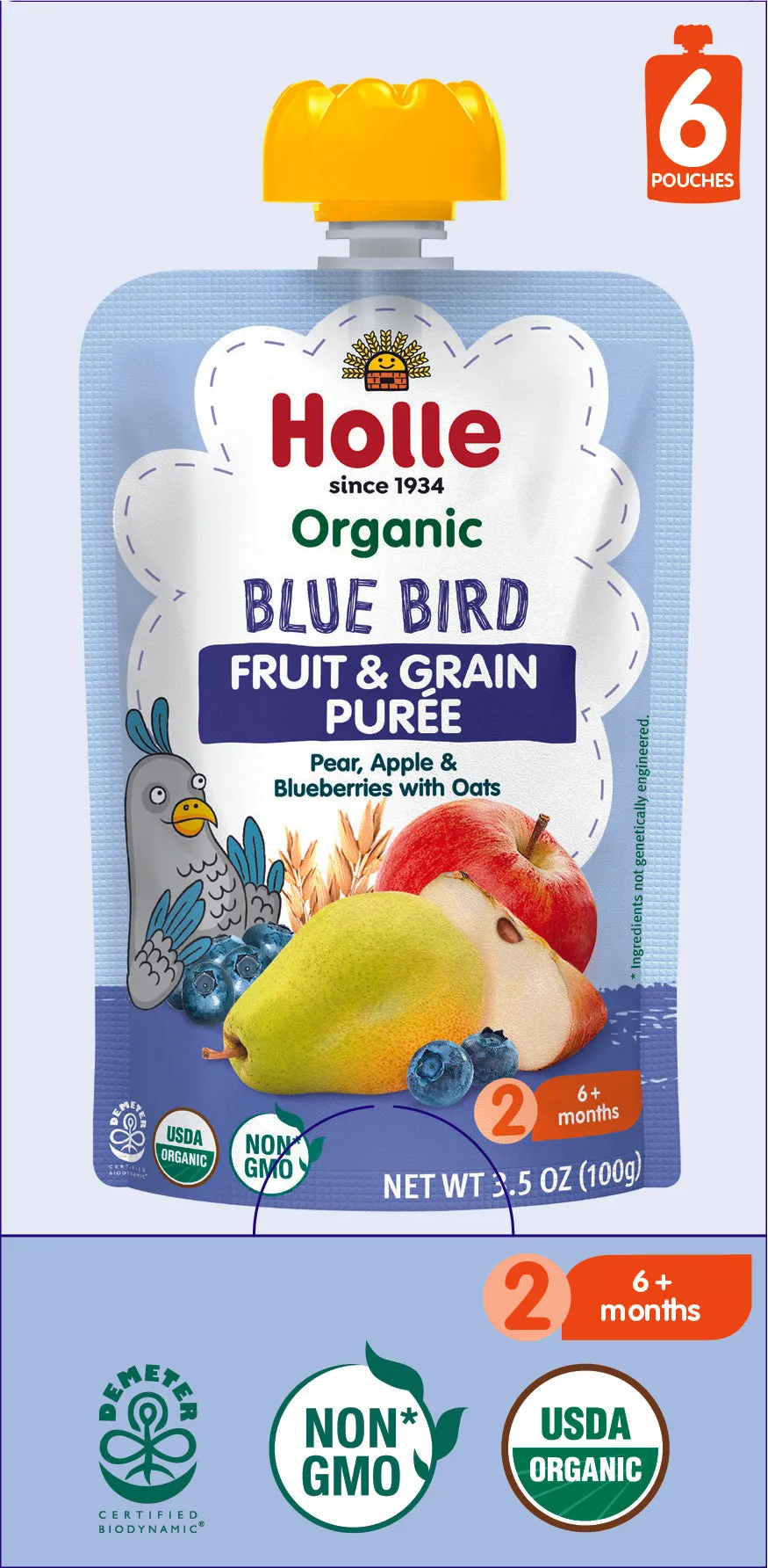 Holle Baby Food Pouches - Organic Fruit & Grain Puree - Blue Bird (USA Version)