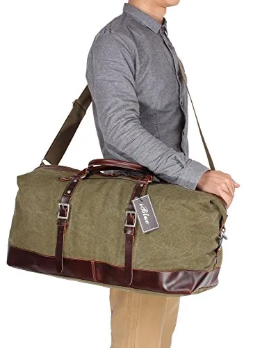 Iblue Genuine Leather Trim Travel Tote Duffel Garment Gym Shoulder Handbag Canvas Overnight