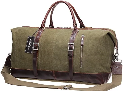 Iblue Genuine Leather Trim Travel Tote Duffel Garment Gym Shoulder Handbag Canvas Overnight
