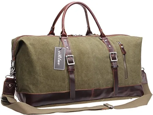 Iblue Genuine Leather Trim Travel Tote Duffel Garment Gym Shoulder Handbag Canvas Overnight