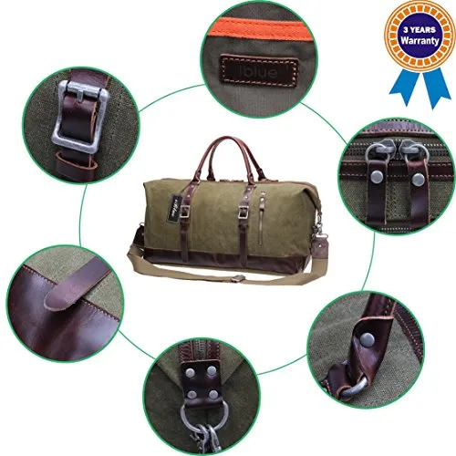 Iblue Genuine Leather Trim Travel Tote Duffel Garment Gym Shoulder Handbag Canvas Overnight