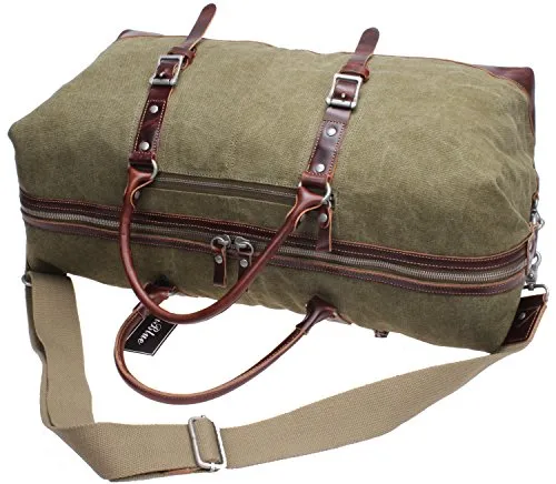 Iblue Genuine Leather Trim Travel Tote Duffel Garment Gym Shoulder Handbag Canvas Overnight