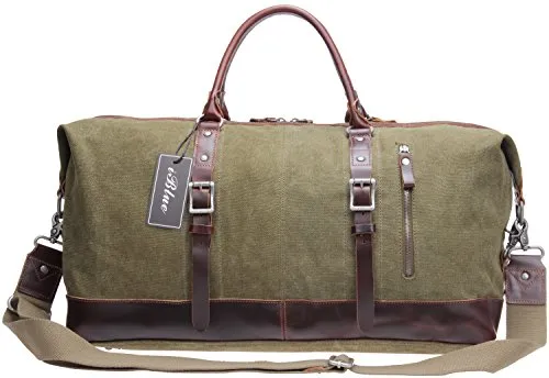 Iblue Genuine Leather Trim Travel Tote Duffel Garment Gym Shoulder Handbag Canvas Overnight
