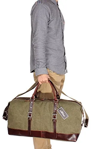Iblue Genuine Leather Trim Travel Tote Duffel Garment Gym Shoulder Handbag Canvas Overnight