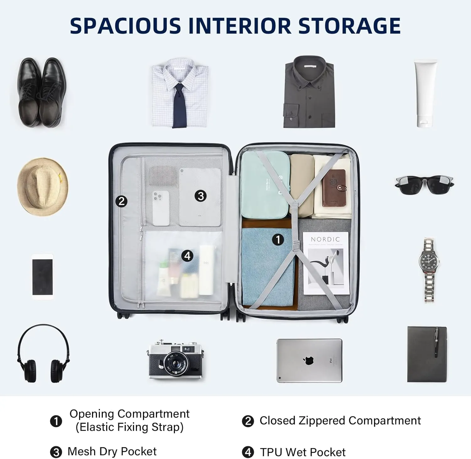 Large Checked Luggage 28 Inch Hard Shell Suitcases, Expandable Travel Luggage Lightweight Check In Luggage with Spinner Wheels Cup Holder Charger Built in, Silver