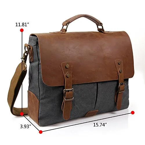 Lifewit Genuine Leather Vintage 15.6" Laptop Canvas Messenger Satchel Bag (Grey)