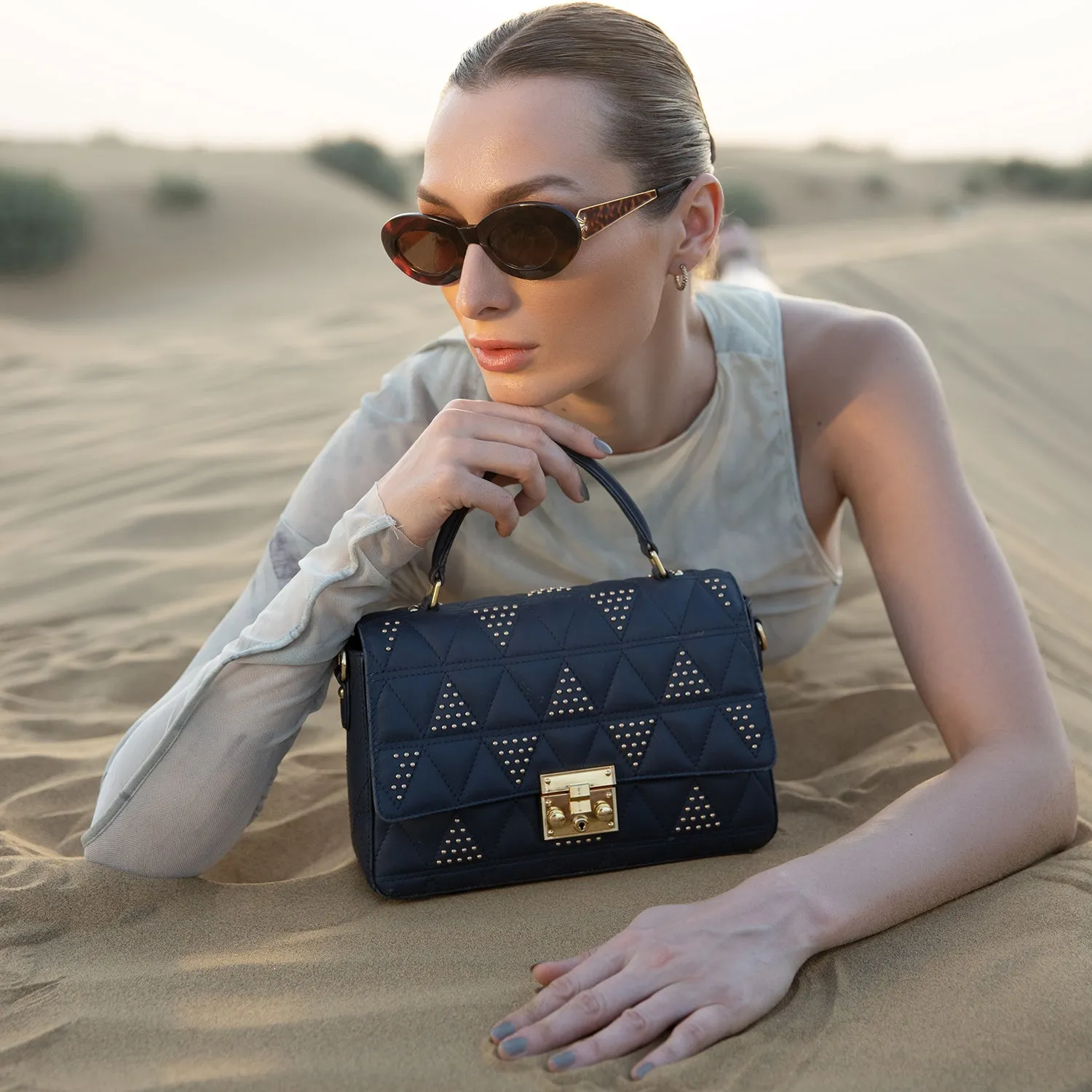 Medium Quilting Leather Satchel - Navy