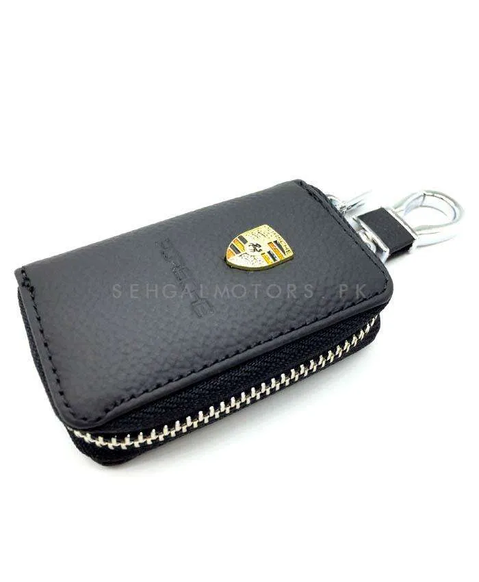 Porsche Zipper Matte Leather Key Cover Pouch Black with Keychain Ring