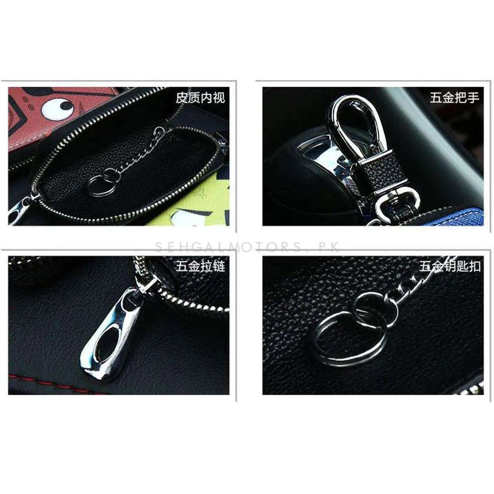 Porsche Zipper Matte Leather Key Cover Pouch Black with Keychain Ring