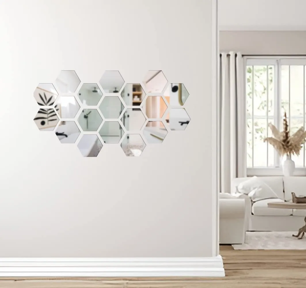 Rawpockets Hexagon Silver 3D Acrylic Self Adhersive Mirror Sticker Pack of 20