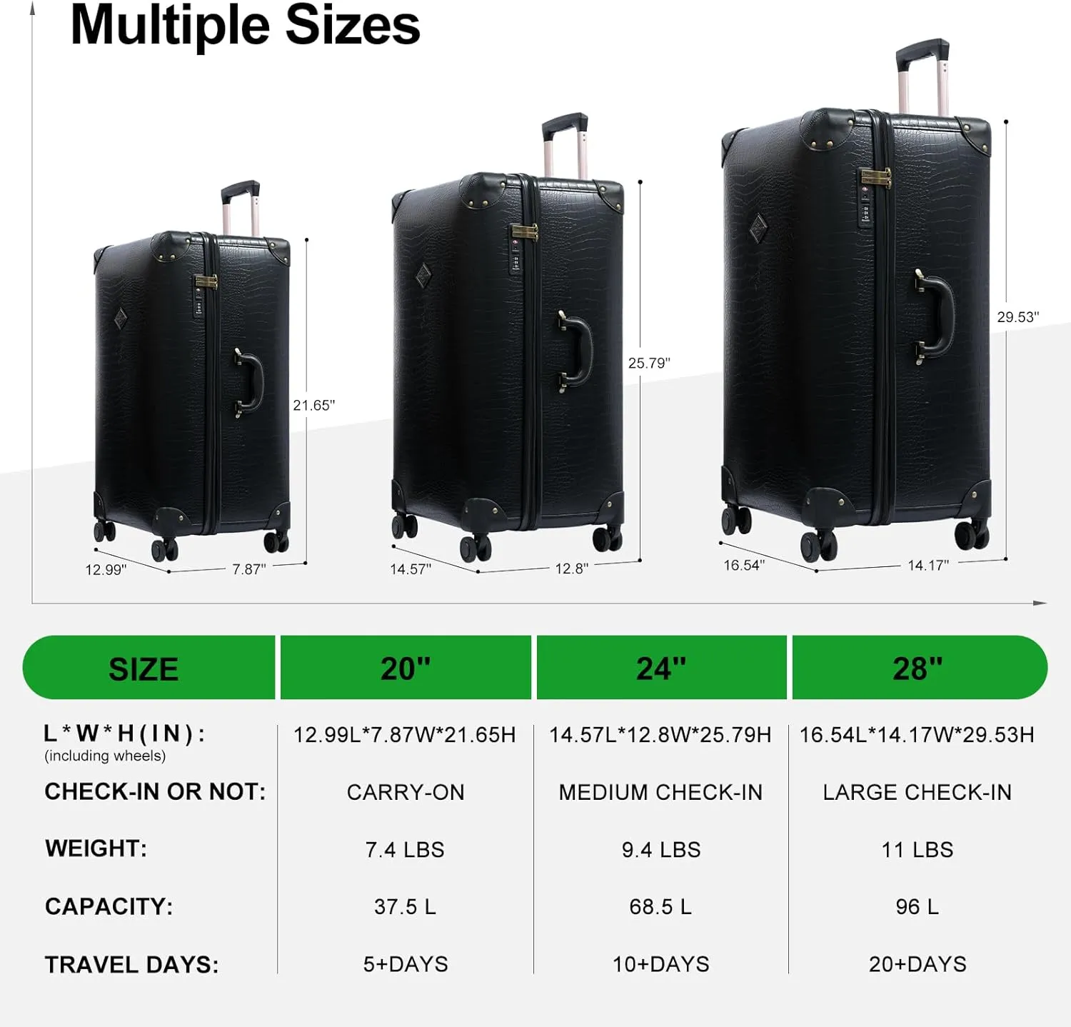 universal trotter Vintage Crocodile Pattern 3-Piece Faux Leather Luggage Set, Hardside Spinner Suitcases with TSA Lock and Rose Gold Telescopic Handle, 20/24/28 Inch, Black, 20/24/28 Inch, Luggage Set