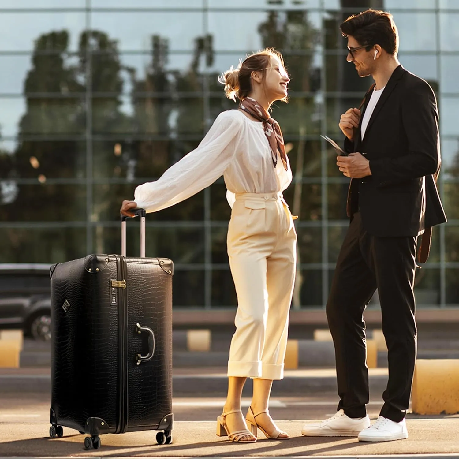 universal trotter Vintage Crocodile Pattern 3-Piece Faux Leather Luggage Set, Hardside Spinner Suitcases with TSA Lock and Rose Gold Telescopic Handle, 20/24/28 Inch, Black, 20/24/28 Inch, Luggage Set