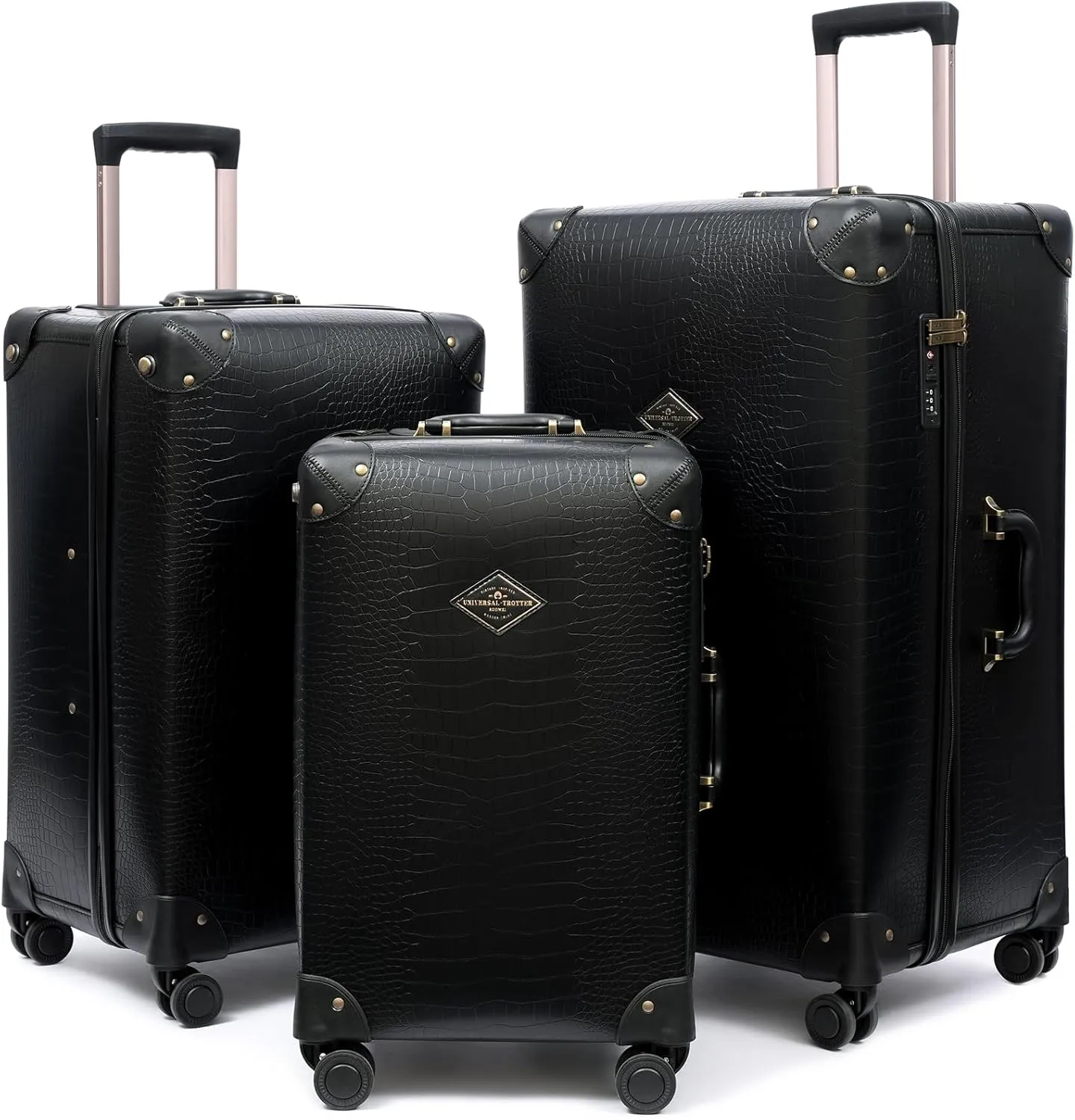 universal trotter Vintage Crocodile Pattern 3-Piece Faux Leather Luggage Set, Hardside Spinner Suitcases with TSA Lock and Rose Gold Telescopic Handle, 20/24/28 Inch, Black, 20/24/28 Inch, Luggage Set