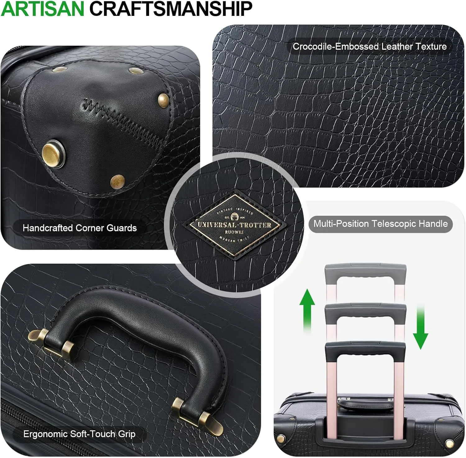 universal trotter Vintage Crocodile Pattern 3-Piece Faux Leather Luggage Set, Hardside Spinner Suitcases with TSA Lock and Rose Gold Telescopic Handle, 20/24/28 Inch, Black, 20/24/28 Inch, Luggage Set