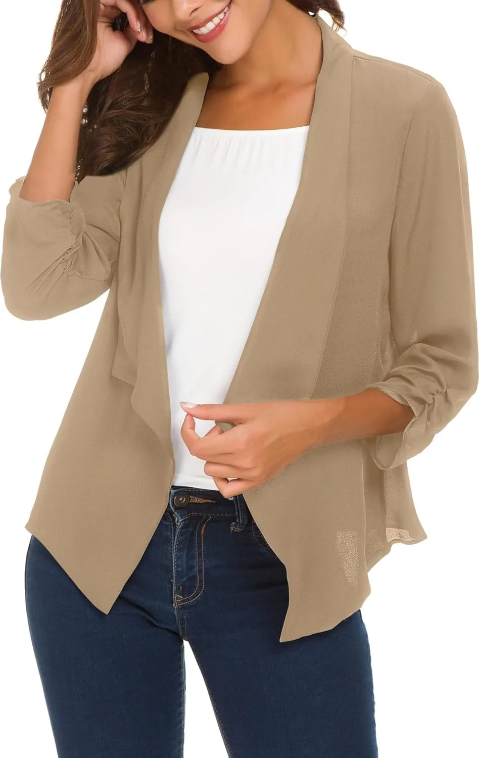 Urban CoCo Women's Ruched Sleeve Lightweight Thin Chiffon Blazer