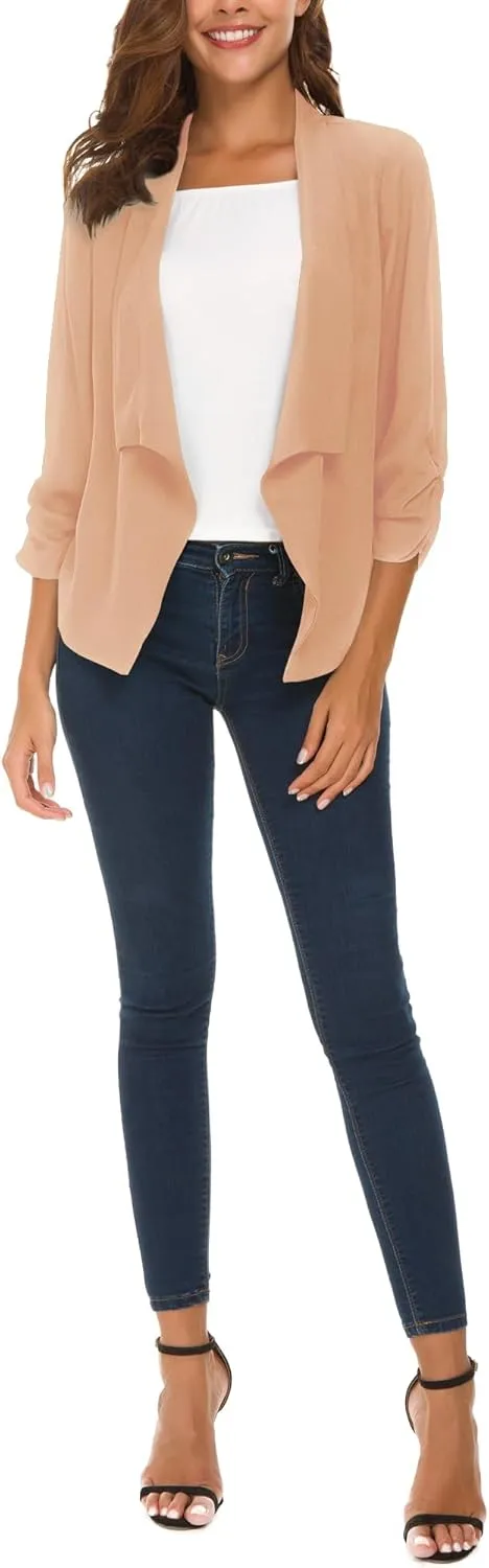 Urban CoCo Women's Ruched Sleeve Lightweight Thin Chiffon Blazer