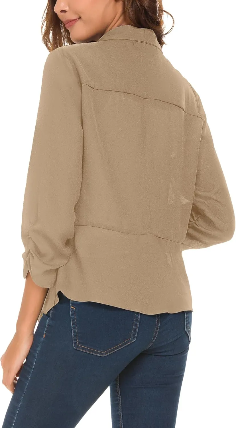 Urban CoCo Women's Ruched Sleeve Lightweight Thin Chiffon Blazer