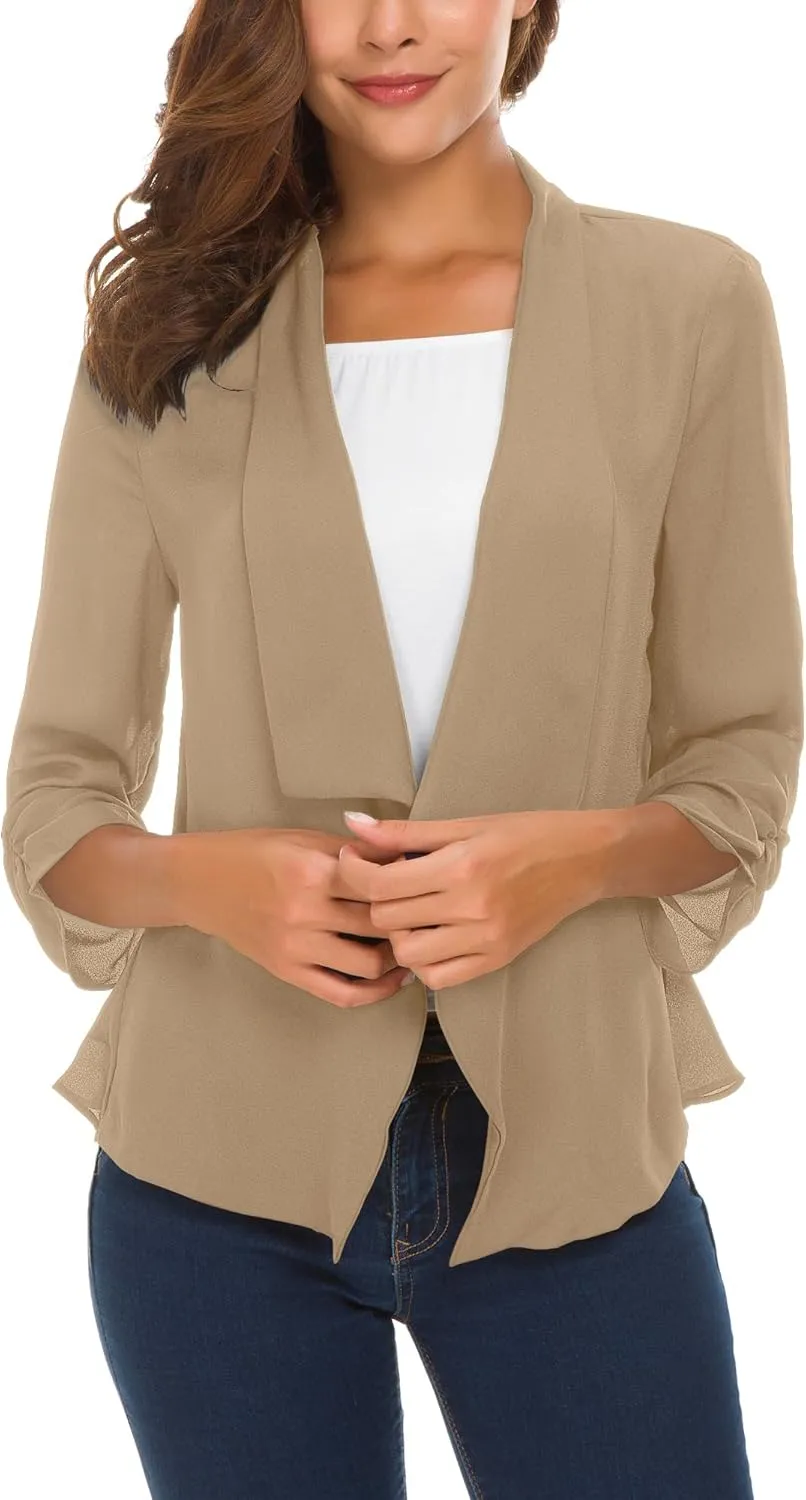 Urban CoCo Women's Ruched Sleeve Lightweight Thin Chiffon Blazer