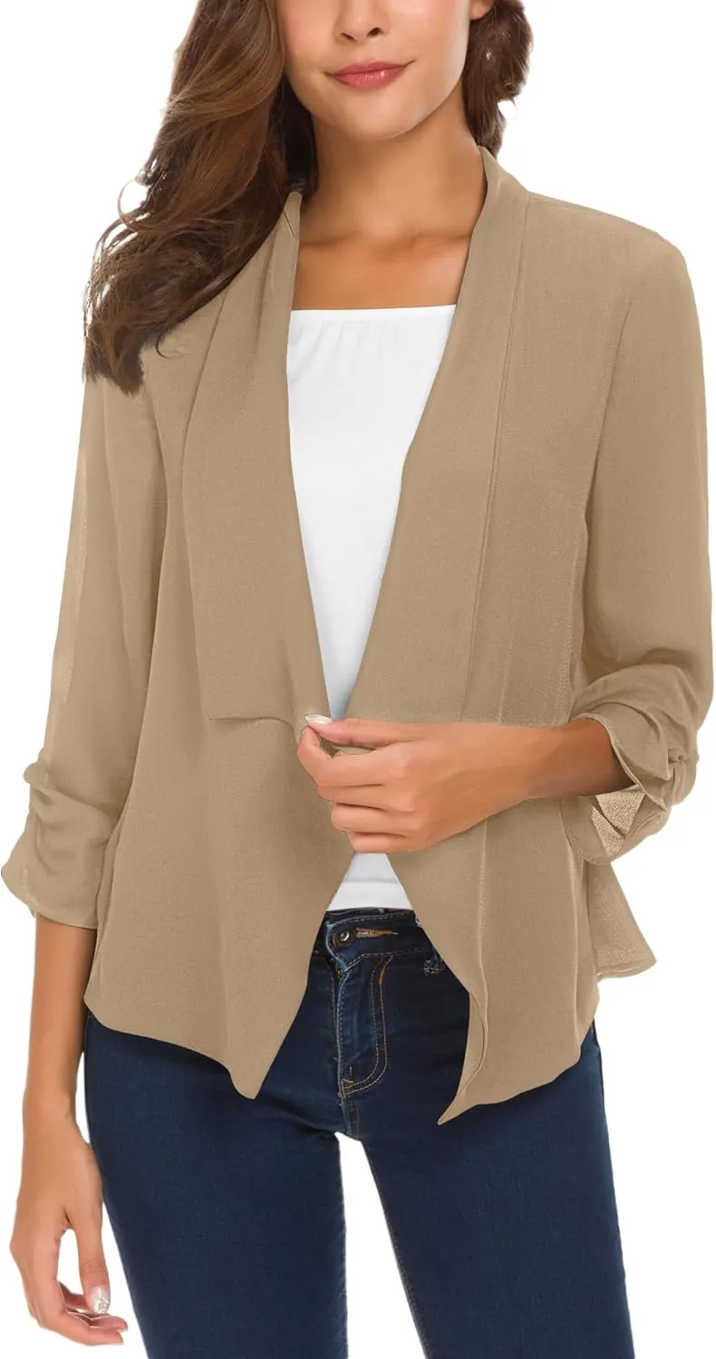 Urban CoCo Women's Ruched Sleeve Lightweight Thin Chiffon Blazer